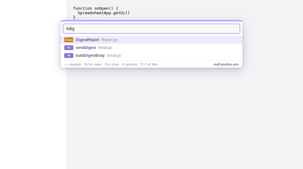 The quick-open picker in symbol mode with the query #dig, listing DigestReport as a class in Report.gs, and sendDigest and buildDigestBody as functions in Email.gs